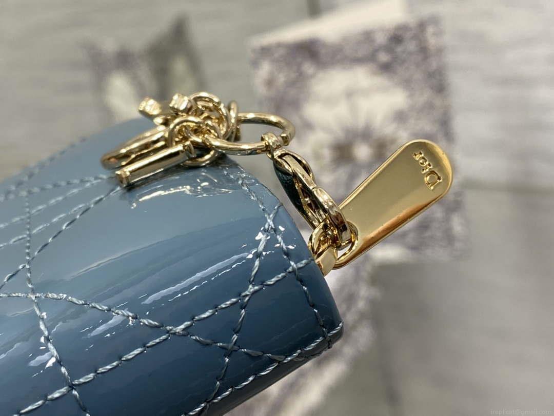 Dior S0011 Lady Dior Zipper Card Holder Medium Blue patent leather Lambskin