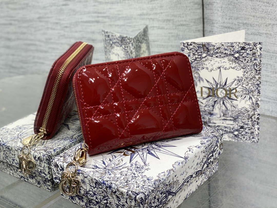 Dior S0011 Lady Dior Zipper Card Holder Medium Wine Red patent leather Lambskin