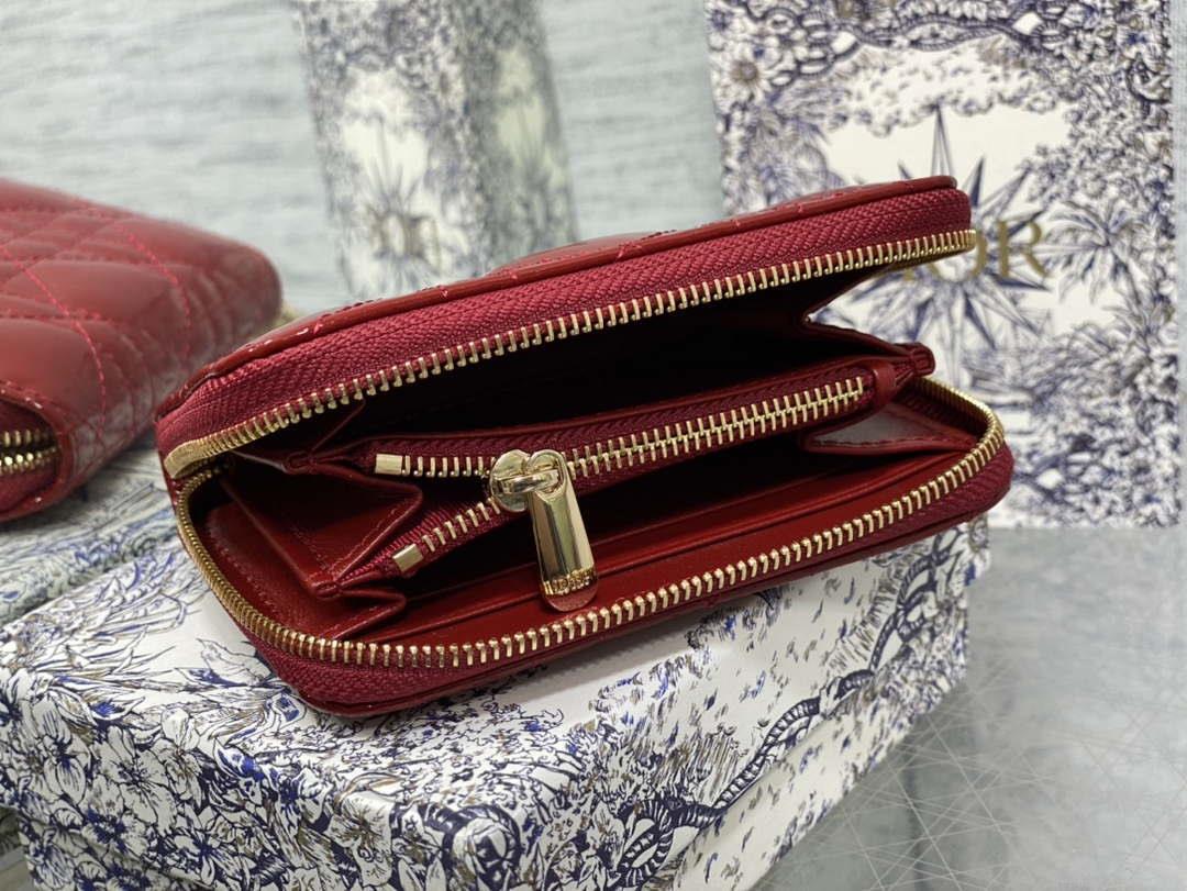 Dior S0011 Lady Dior Zipper Card Holder Medium Wine Red patent leather Lambskin