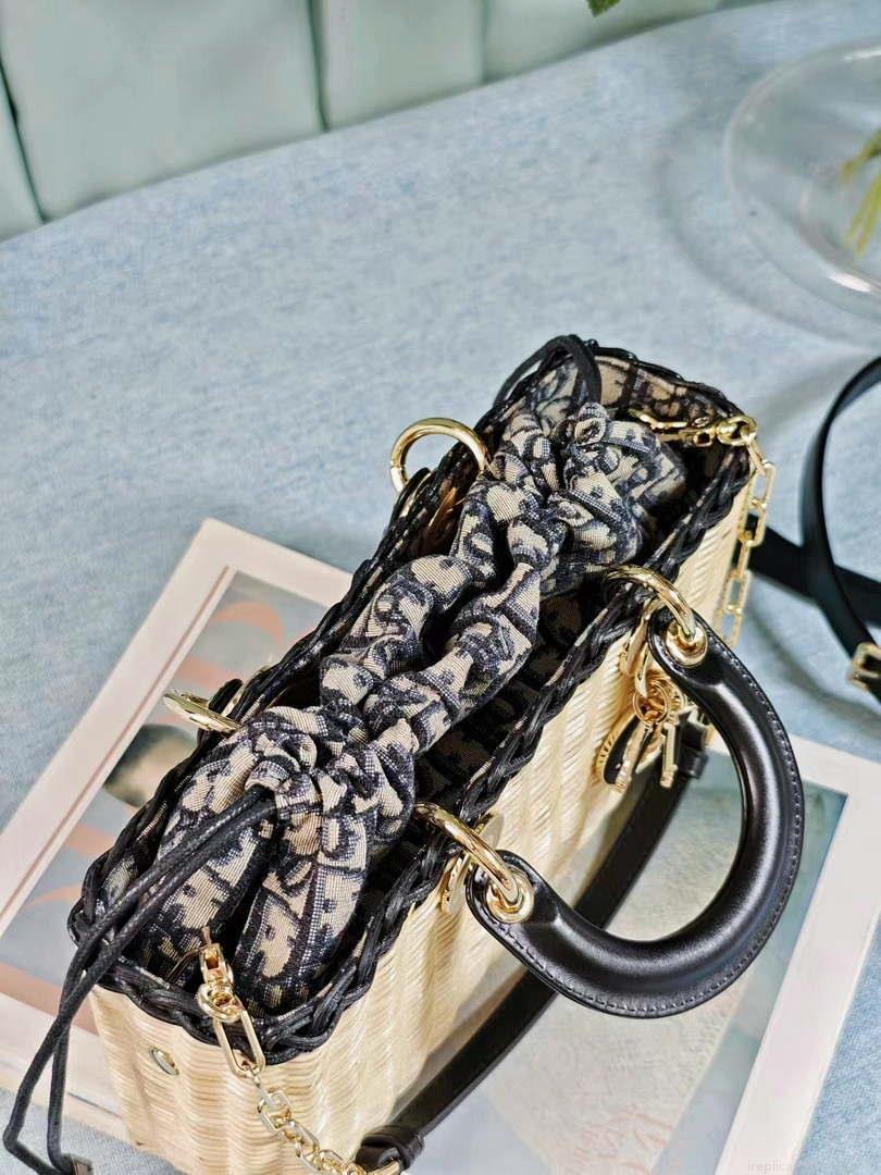 Dior M0540 Medium Lady Dior Bag D-joy Natural Wicker navy Blue Dior Oblique Jacquard