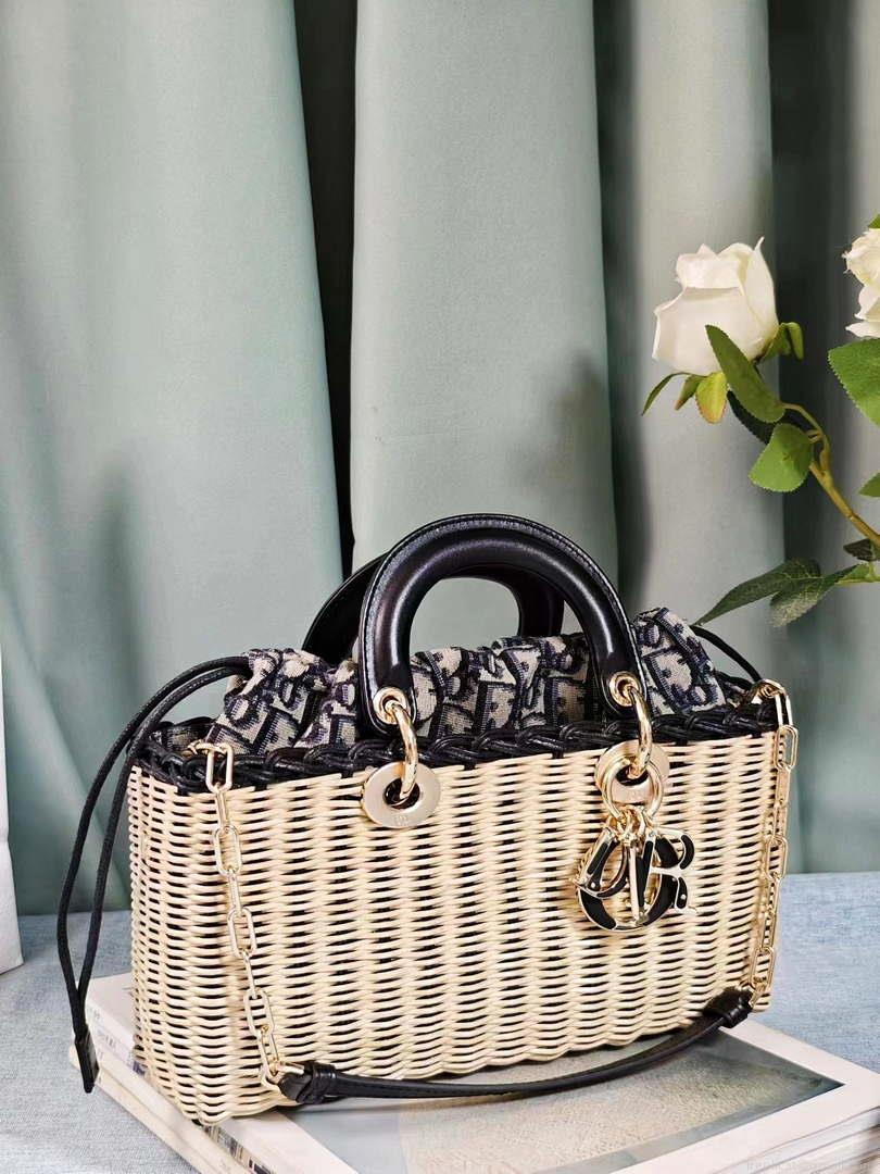 Dior M0540 Medium Lady Dior Bag D-joy Natural Wicker navy Blue Dior Oblique Jacquard