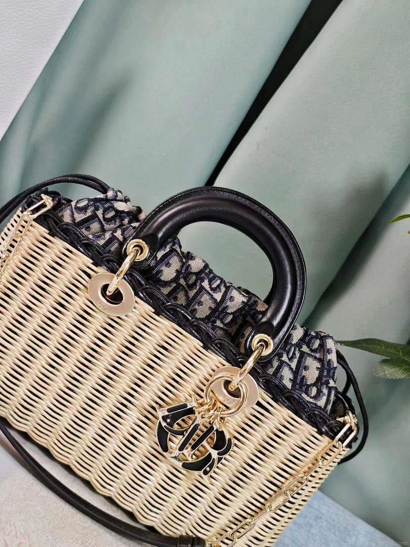 Dior M0540 Medium Lady Dior Bag D-joy Natural Wicker navy Blue Dior Oblique Jacquard