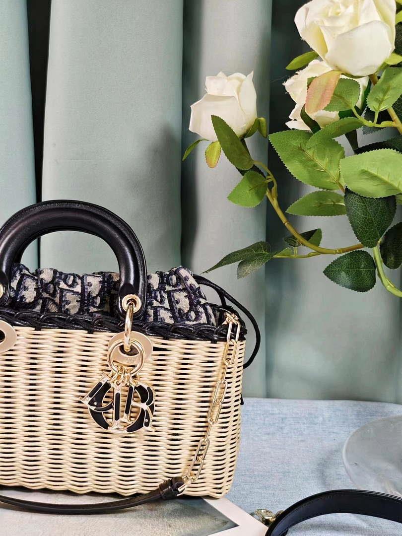 Dior M0540 Medium Lady Dior Bag D-joy Natural Wicker navy Blue Dior Oblique Jacquard