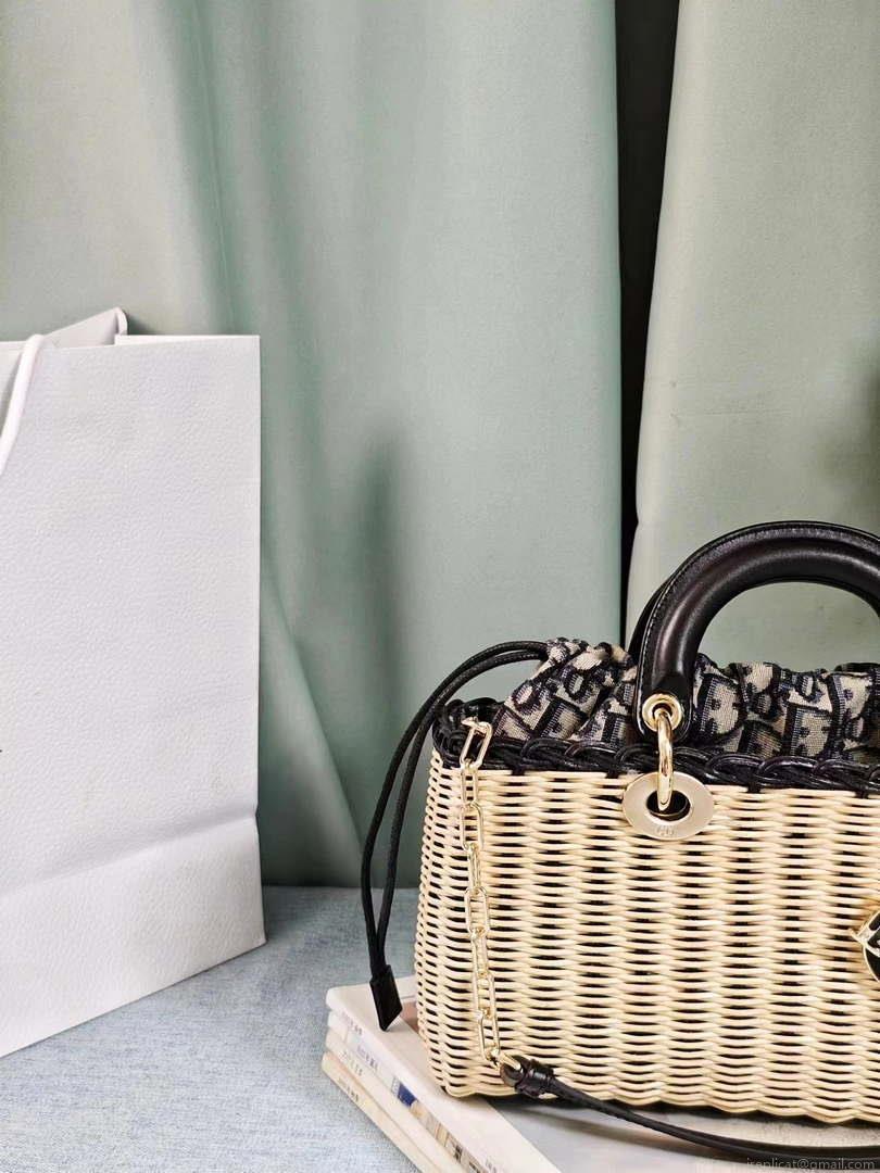 Dior M0540 Medium Lady Dior Bag D-joy Natural Wicker navy Blue Dior Oblique Jacquard