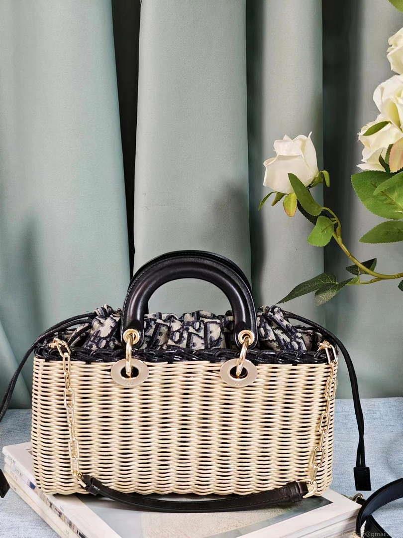 Dior M0540 Medium Lady Dior Bag D-joy Natural Wicker navy Blue Dior Oblique Jacquard