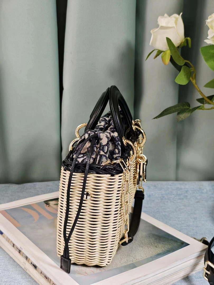 Dior M0540 Medium Lady Dior Bag D-joy Natural Wicker navy Blue Dior Oblique Jacquard