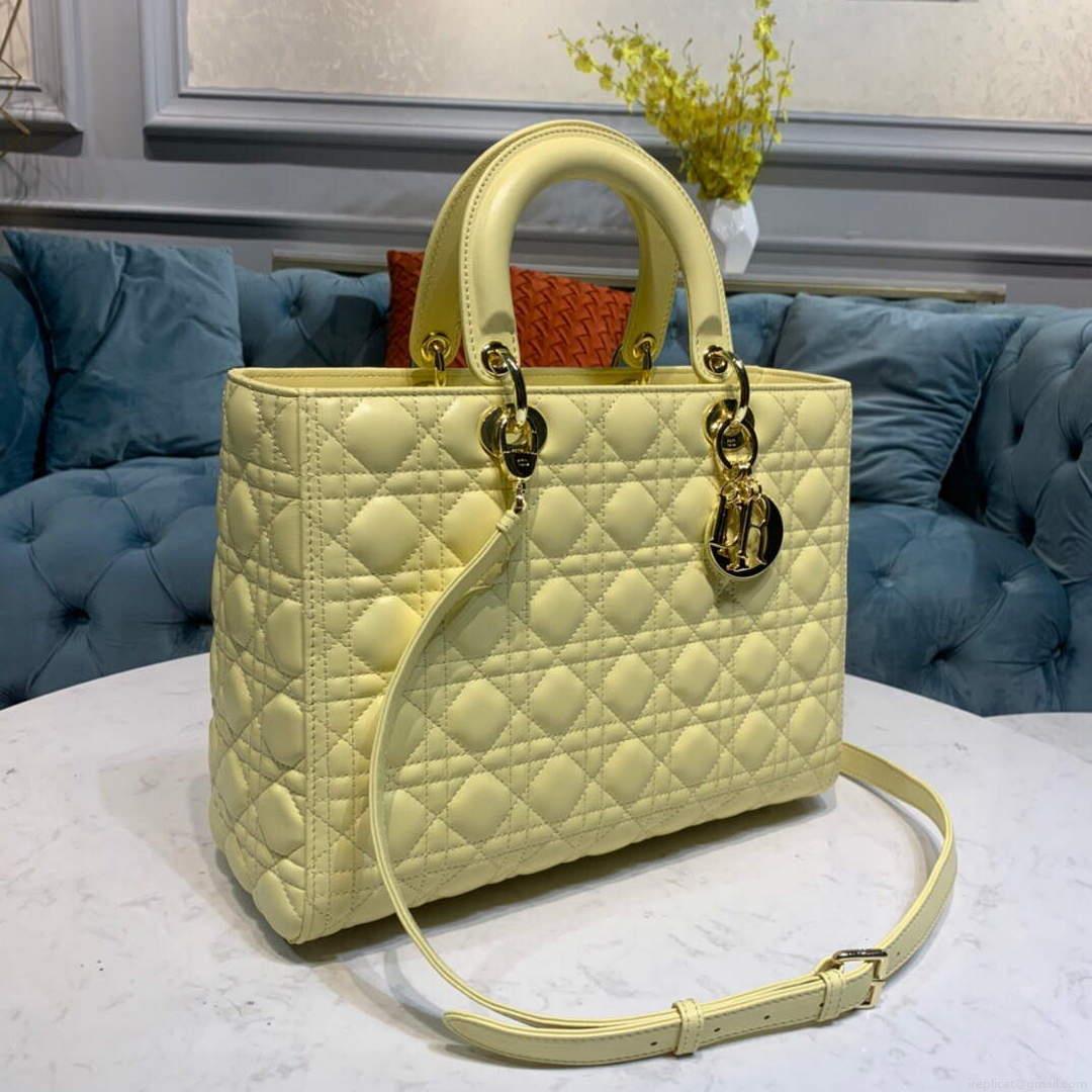 Dior M0566 Large Lady Dior Cannage Calfskin Bag Yellow