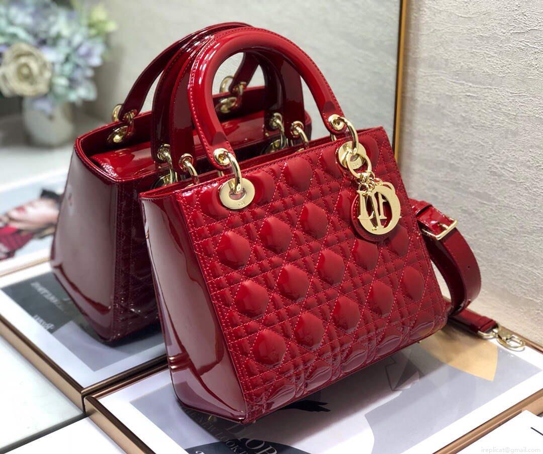 Dior M0565 Medium Lady Dior Patent Cannage Calfskin Bag Red