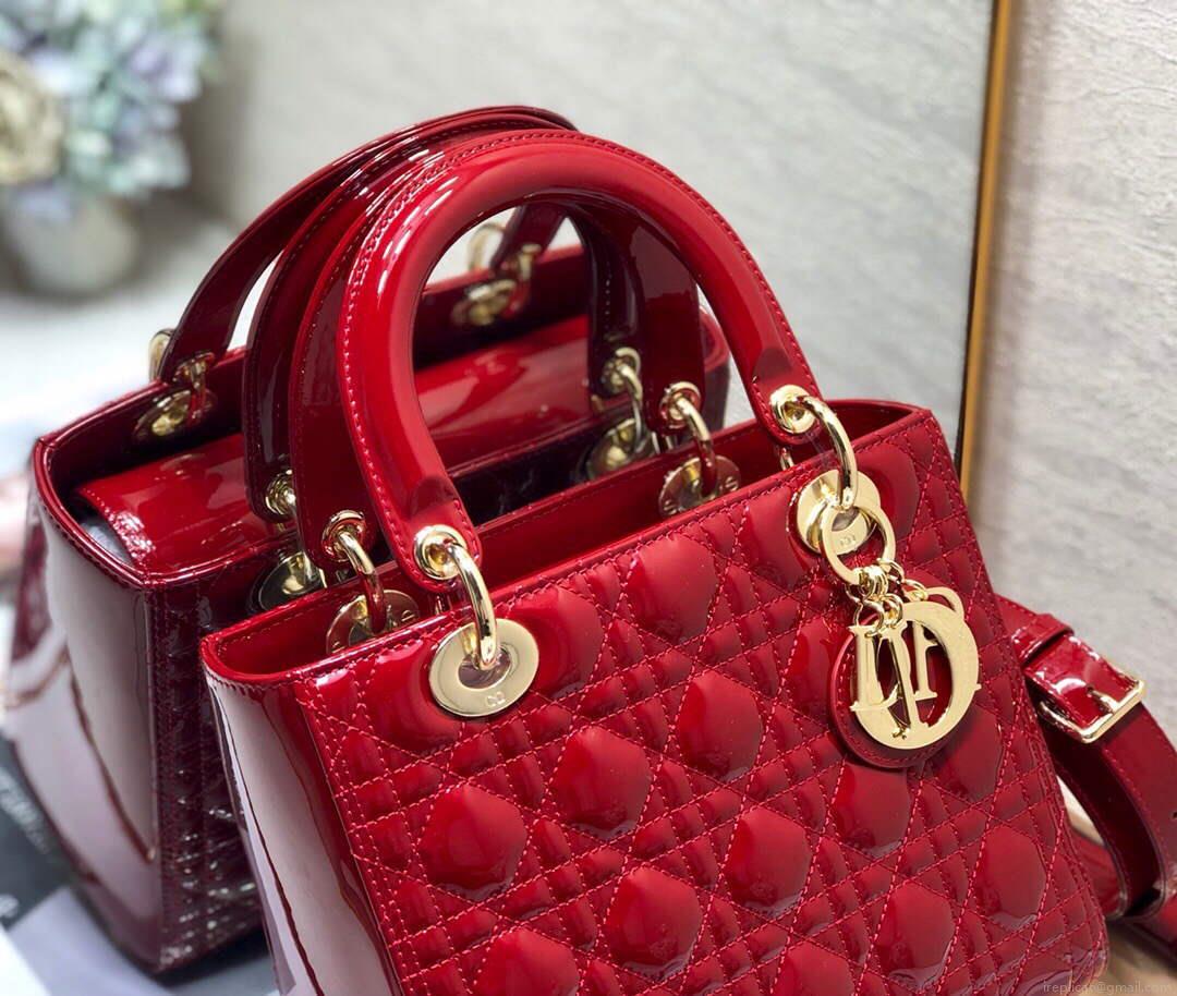 Dior M0565 Medium Lady Dior Patent Cannage Calfskin Bag Red