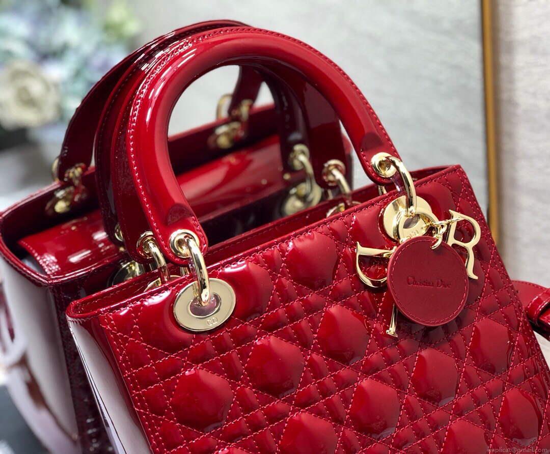 Dior M0565 Medium Lady Dior Patent Cannage Calfskin Bag Red