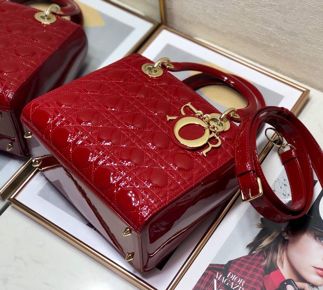Dior M0565 Medium Lady Dior Patent Cannage Calfskin Bag Red
