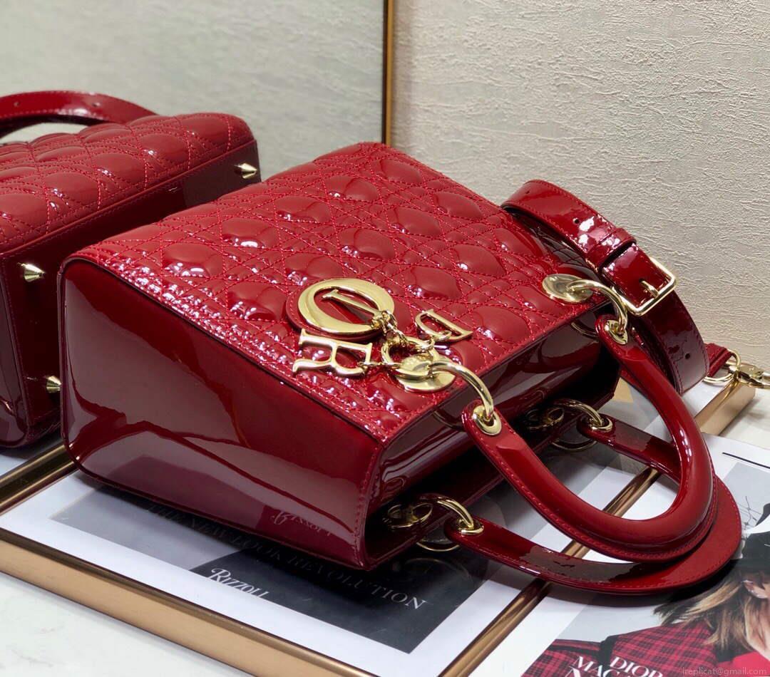Dior M0565 Medium Lady Dior Patent Cannage Calfskin Bag Red