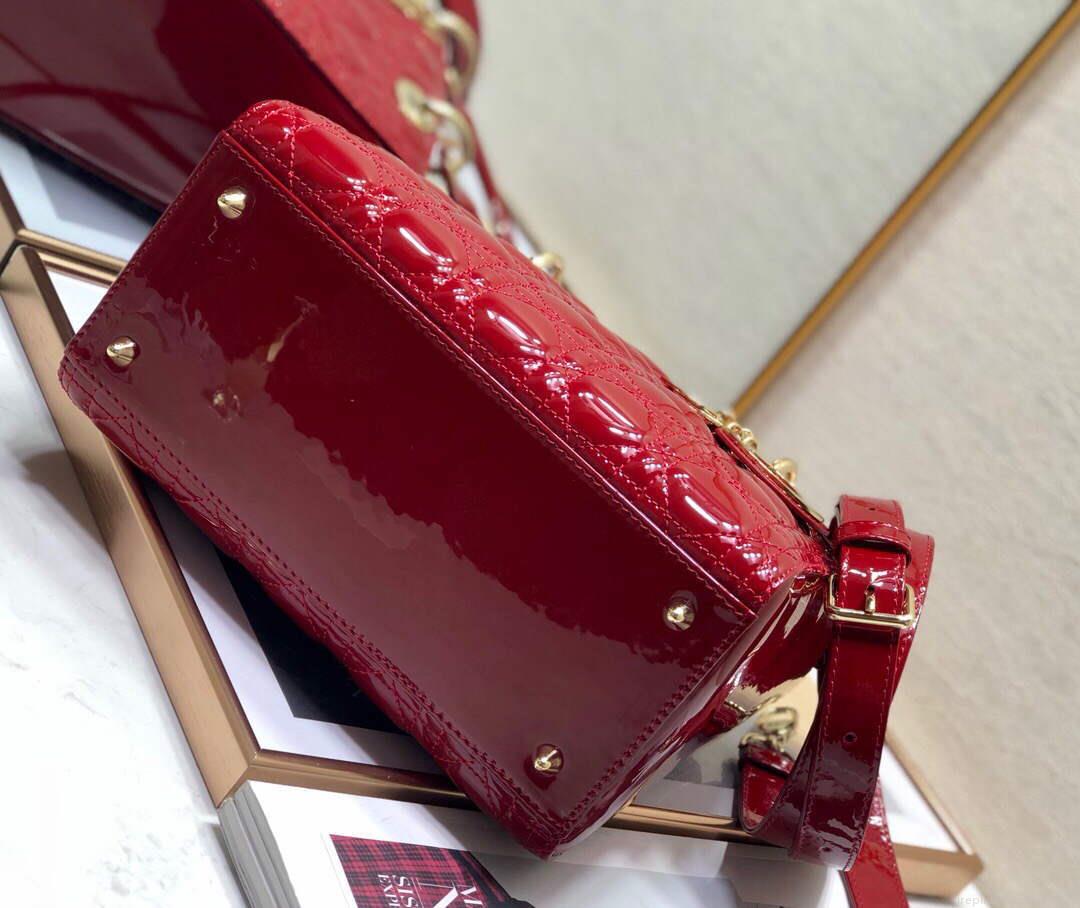 Dior M0565 Medium Lady Dior Patent Cannage Calfskin Bag Red