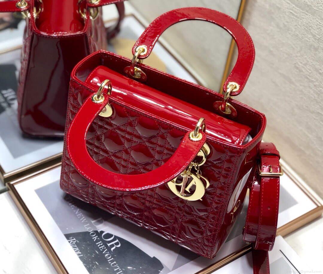 Dior M0565 Medium Lady Dior Patent Cannage Calfskin Bag Red