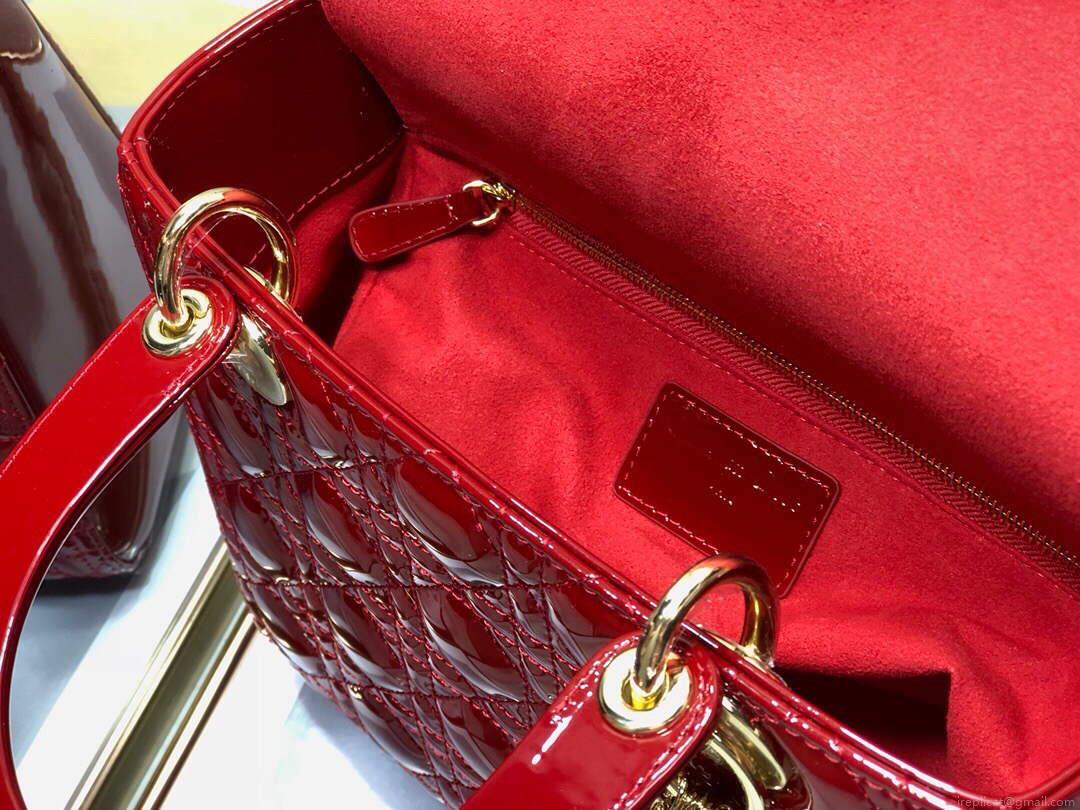 Dior M0565 Medium Lady Dior Patent Cannage Calfskin Bag Red