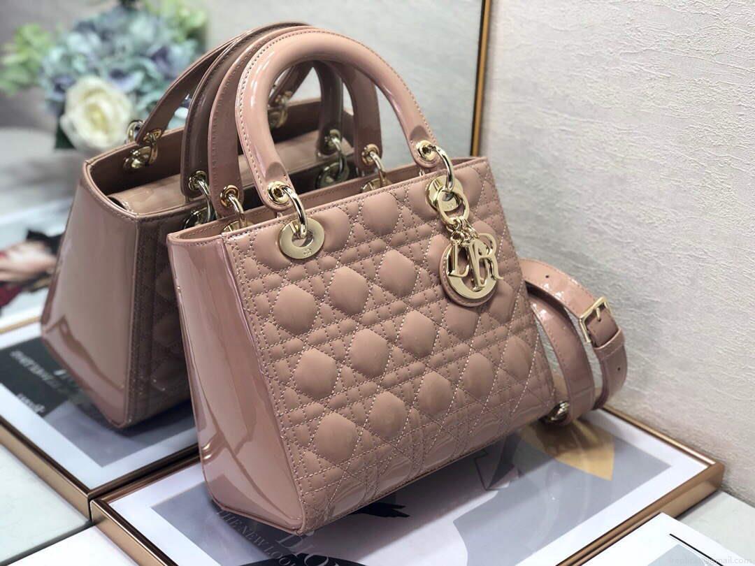 Dior M0565 Medium Lady Dior Patent Cannage Calfskin Bag Light Pink