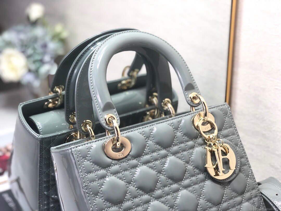 Dior M0565 Medium Lady Dior Patent Cannage Calfskin Bag Gray