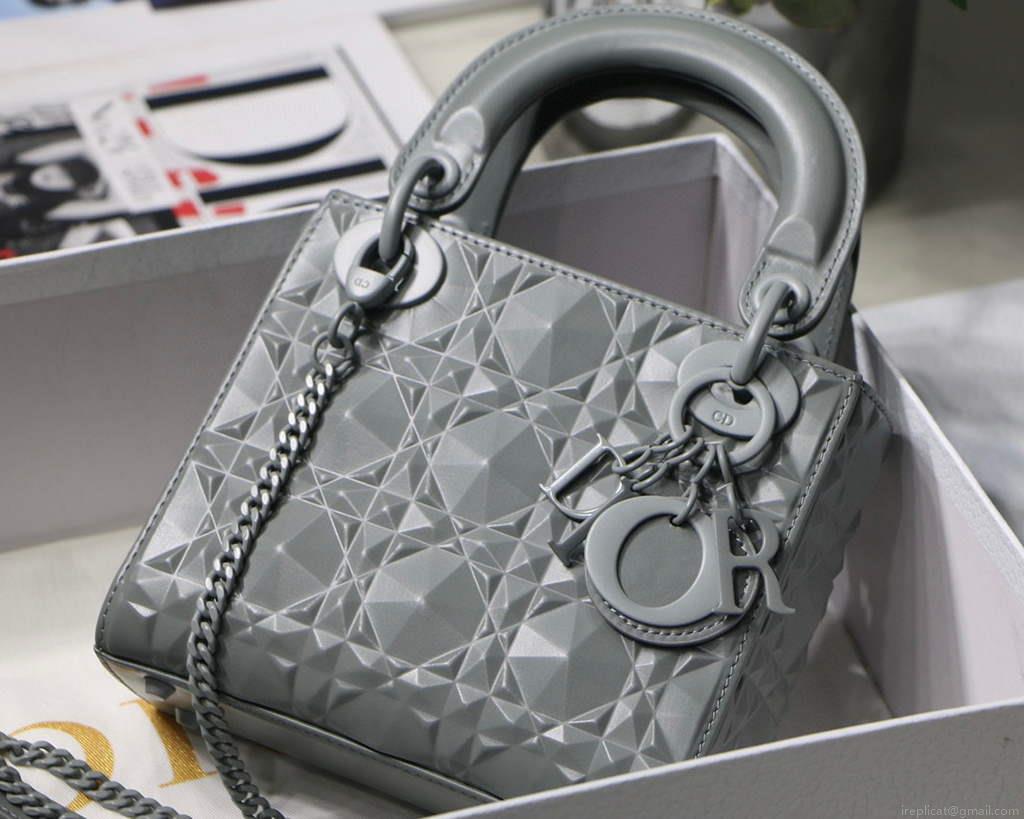 Dior M0505 Mini Dior Lady Bag Grey Cannage Calfskin with Diamond Motif