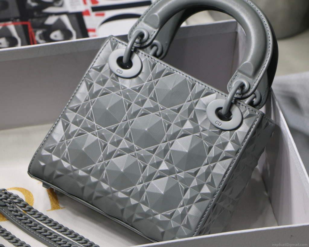 Dior M0505 Mini Dior Lady Bag Grey Cannage Calfskin with Diamond Motif