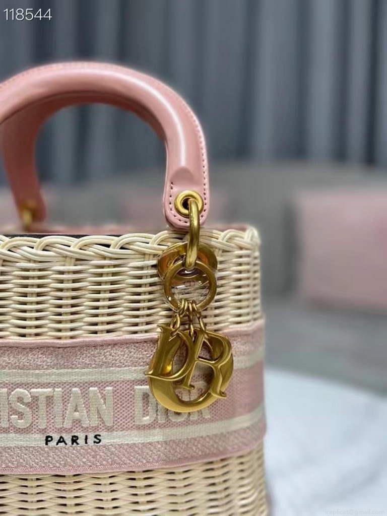 Dior M0565 Medium Lady Dior Bag Natural Wicker Pink