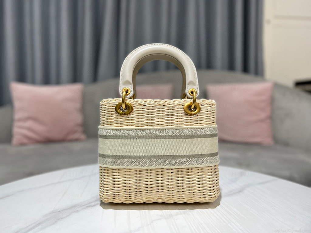 Dior M0565 Medium Lady Dior Bag Natural Wicker Grey