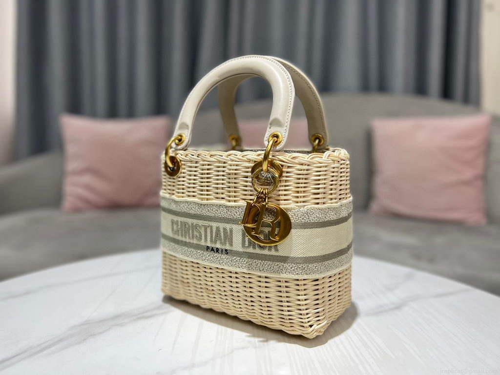 Dior M0565 Medium Lady Dior Bag Natural Wicker Grey