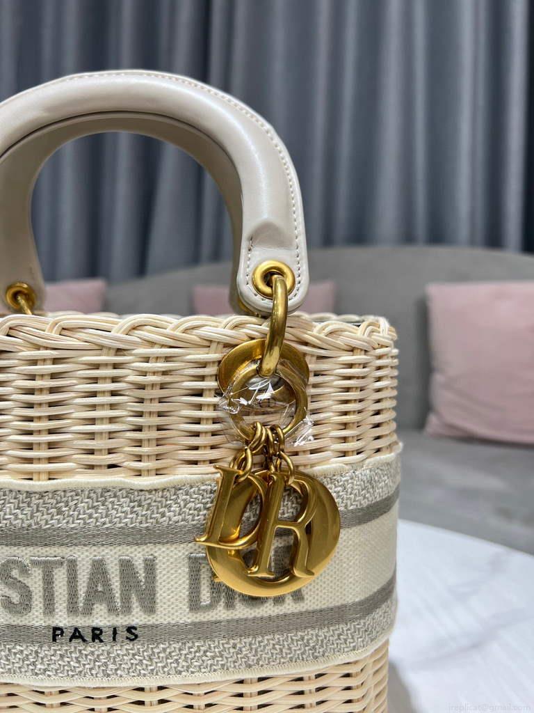 Dior M0565 Medium Lady Dior Bag Natural Wicker Grey