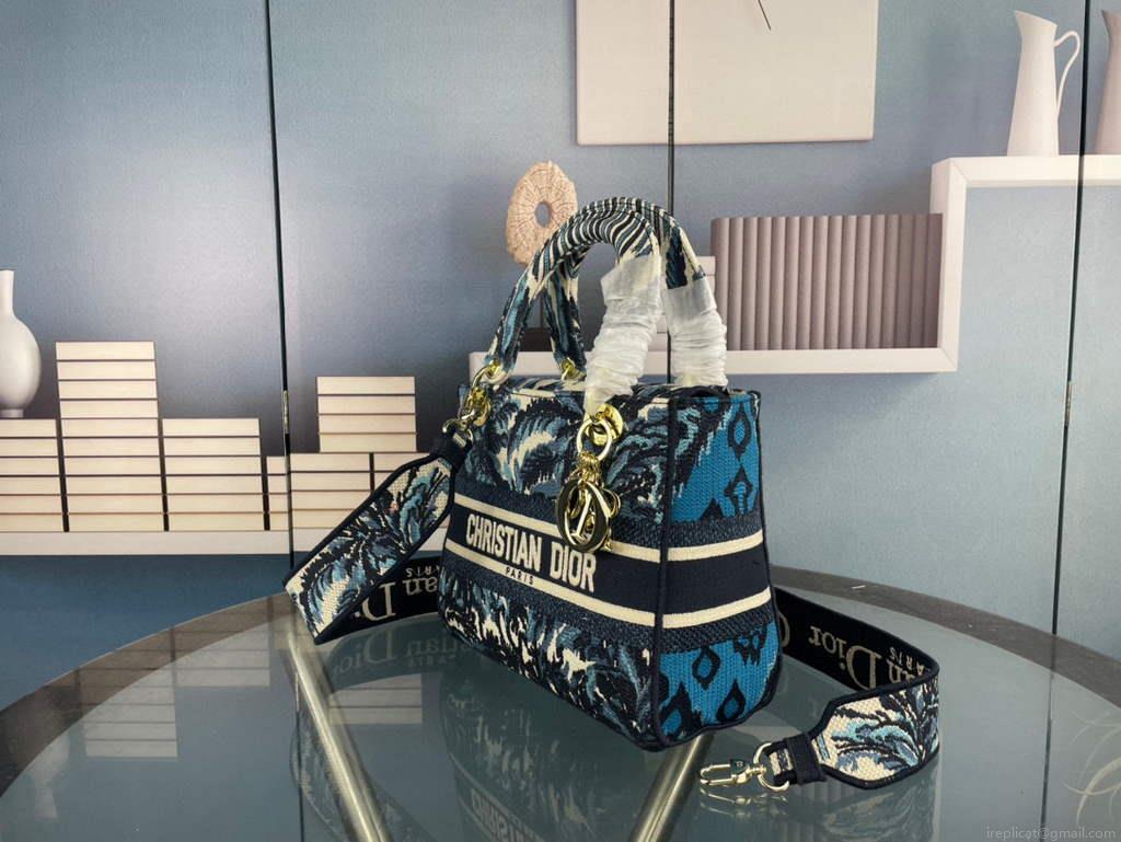 Dior M0565 Medium Lady D-Life Bag Blue Cupidon Embroidery