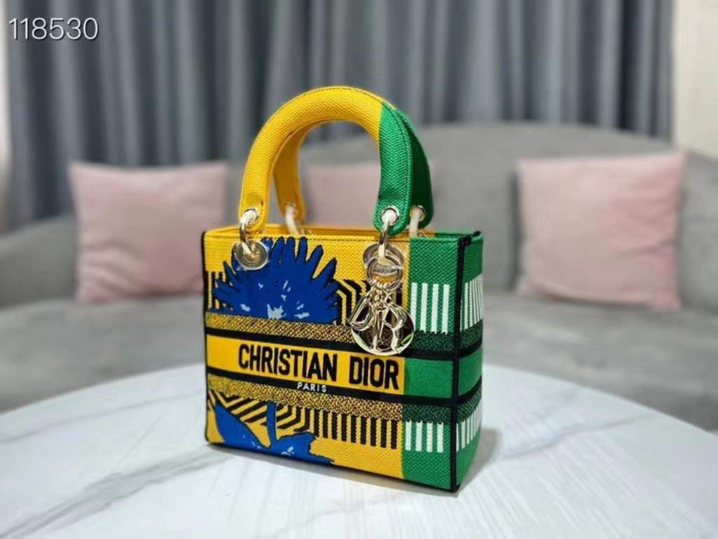 Dior M0565 Medium Lady D-Life Bag Brigh Yellow and Green D-flower Pop Embroidery