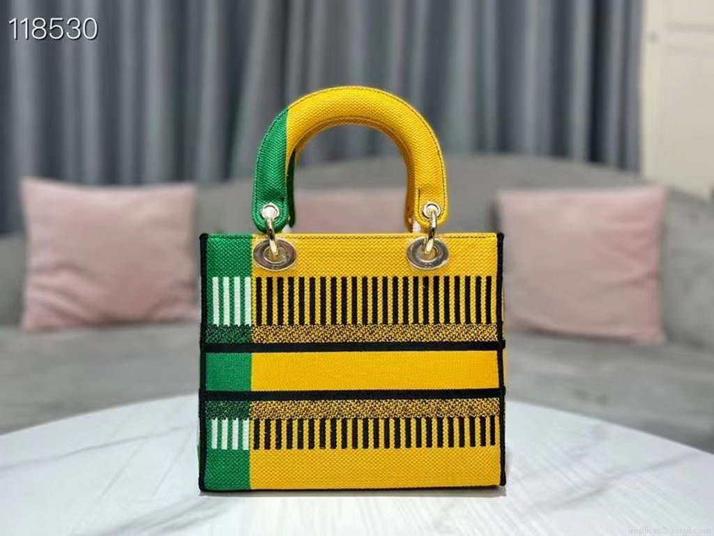 Dior M0565 Medium Lady D-Life Bag Brigh Yellow and Green D-flower Pop Embroidery