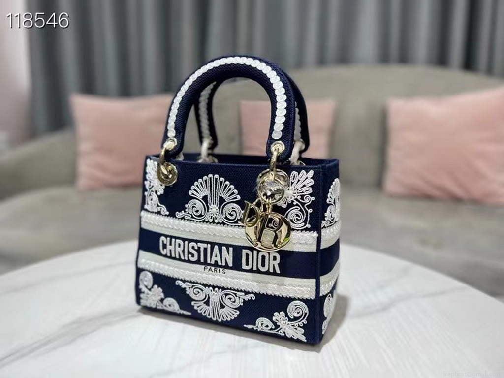 Dior M0565 Medium Lady D-Life Bag Blue and White Cornely-Effect Embroidery