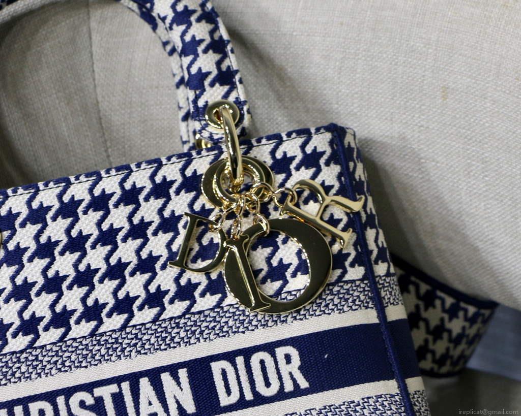 Dior Medium Lady D-Life Bag M0565 Navy Blue and White Butterfly Embroidery