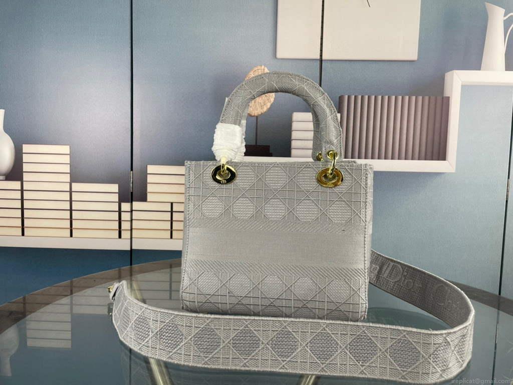 Dior Medium Lady D-Life Bag M0565 Cannage Embroidery Grey