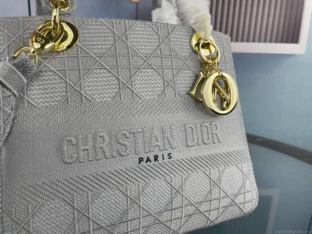 Dior Medium Lady D-Life Bag M0565 Cannage Embroidery Grey