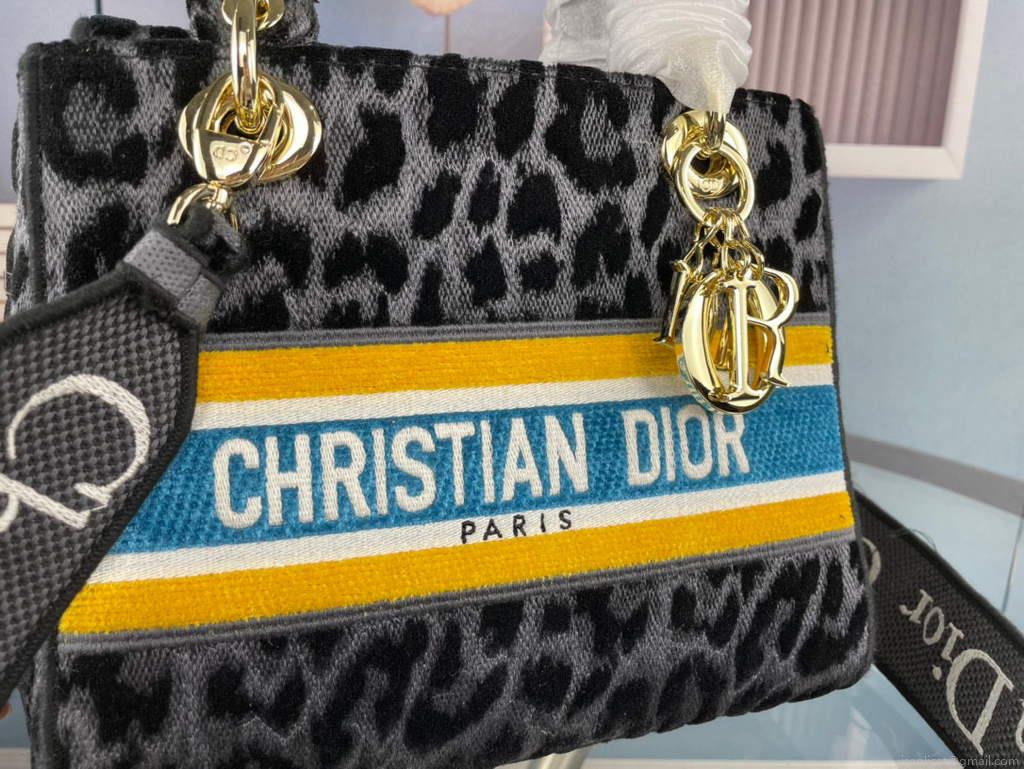 Dior M0565 Medium Lady D-Life Bag Mizza Embroidery Blue and Black with Yellow