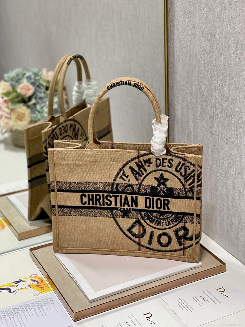 Dior M1296 Medium Book Tote Beige jute fabric with Union motif embroidery
