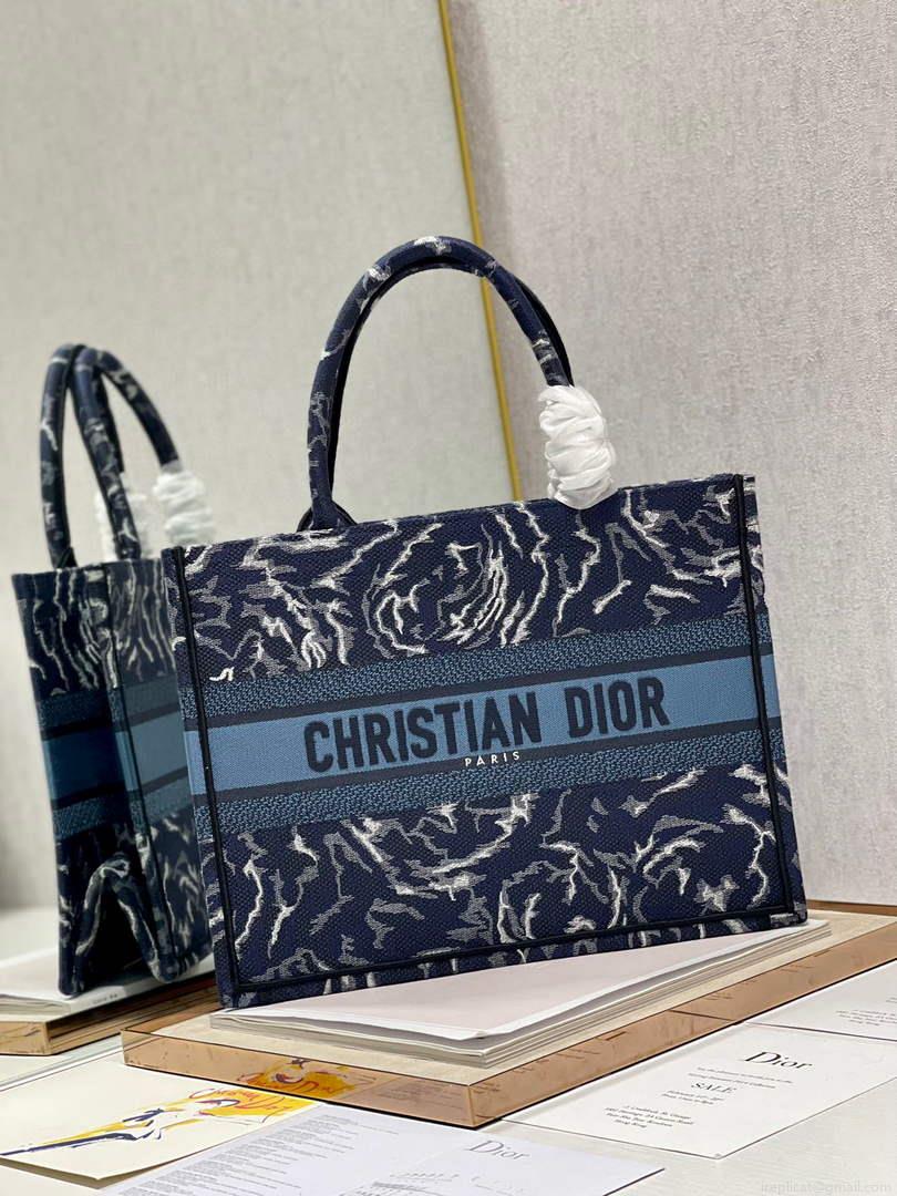 Dior M1296 Medium Book Tote Blue Roses embroidery