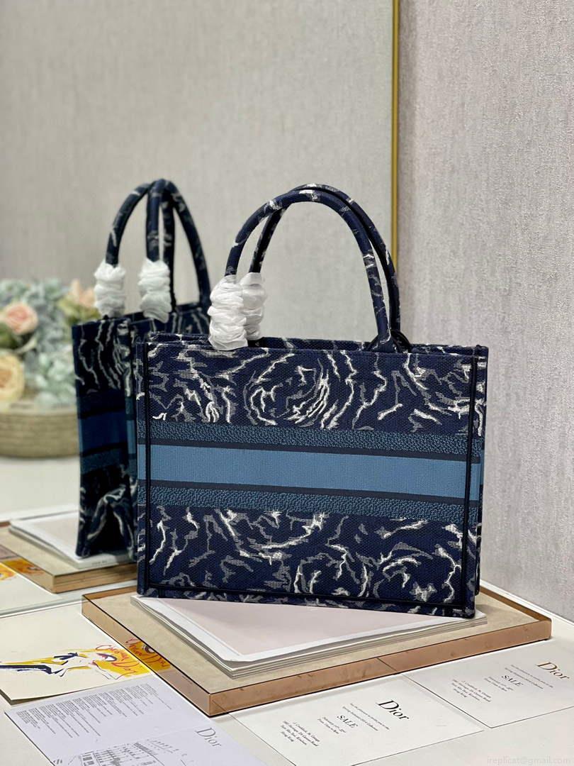 Dior M1296 Medium Book Tote Blue Roses embroidery