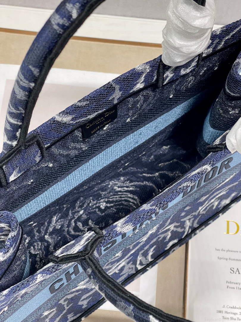 Dior M1296 Medium Book Tote Blue Roses embroidery