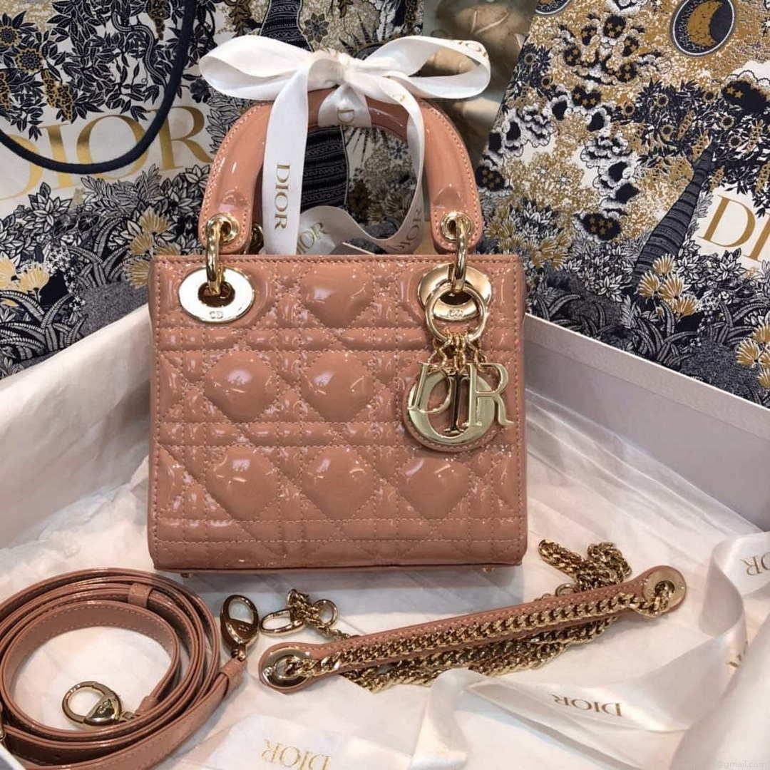 Dior M0505 Mini Lady Dior Bag Rose Des Vents Patent Cannage Calfskin