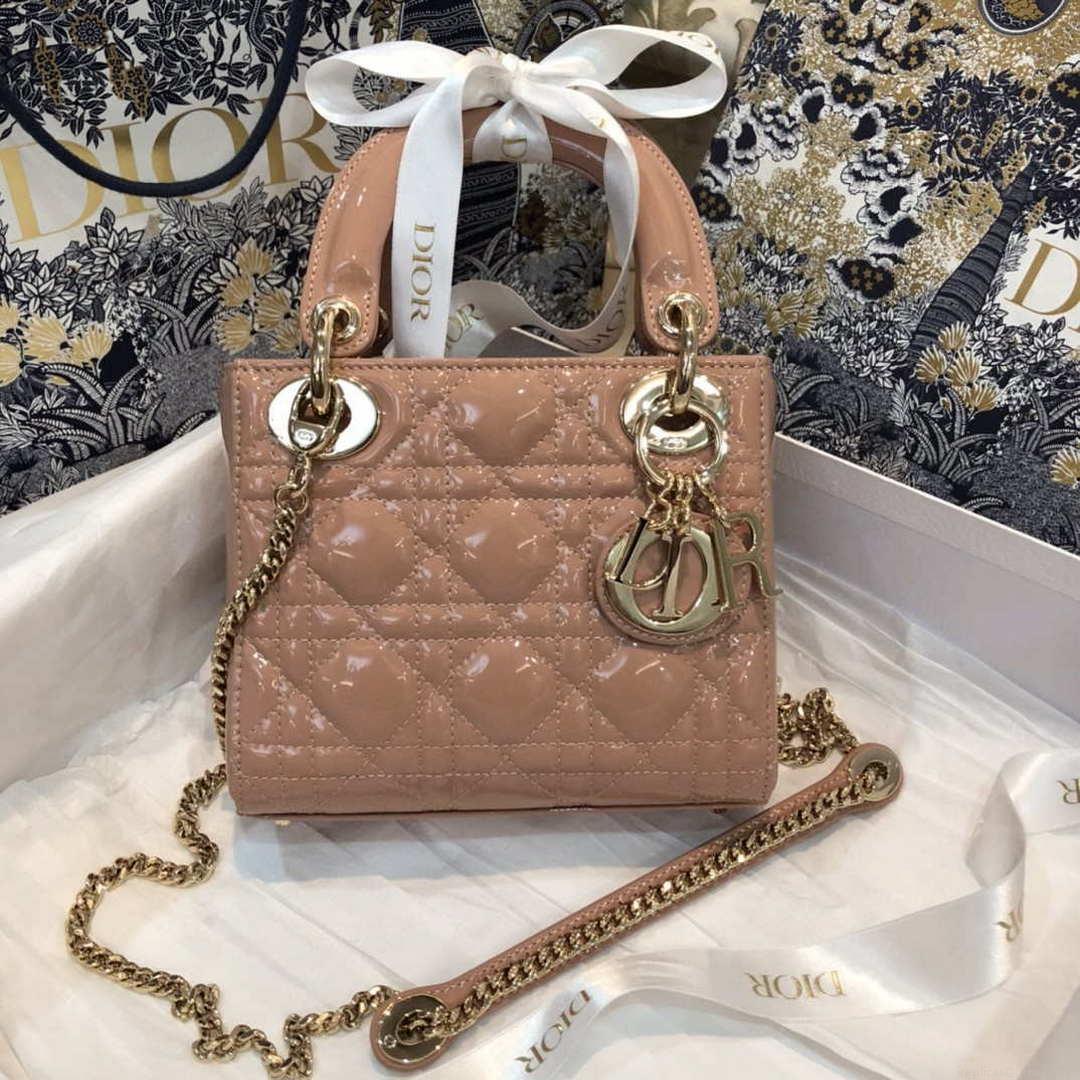 Dior M0505 Mini Lady Dior Bag Rose Des Vents Patent Cannage Calfskin