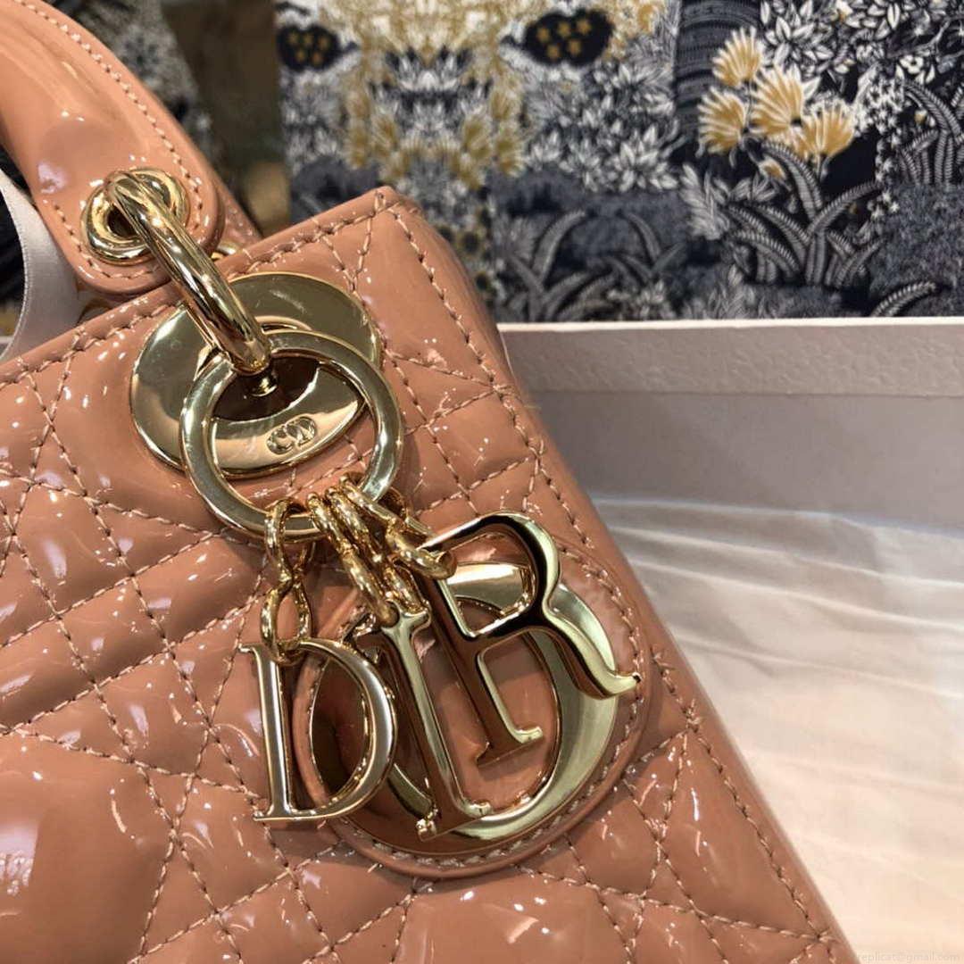 Dior M0505 Mini Lady Dior Bag Rose Des Vents Patent Cannage Calfskin
