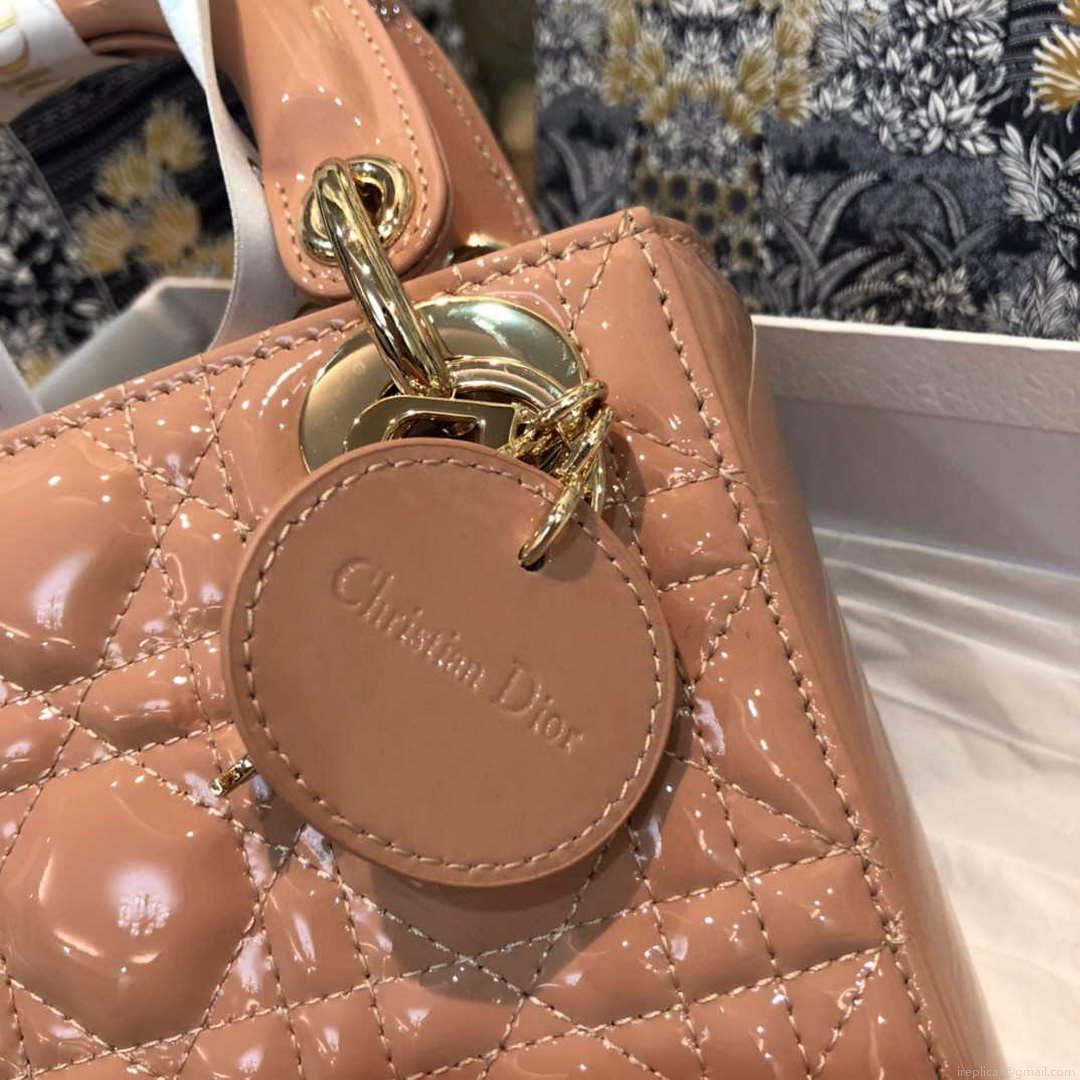 Dior M0505 Mini Lady Dior Bag Rose Des Vents Patent Cannage Calfskin