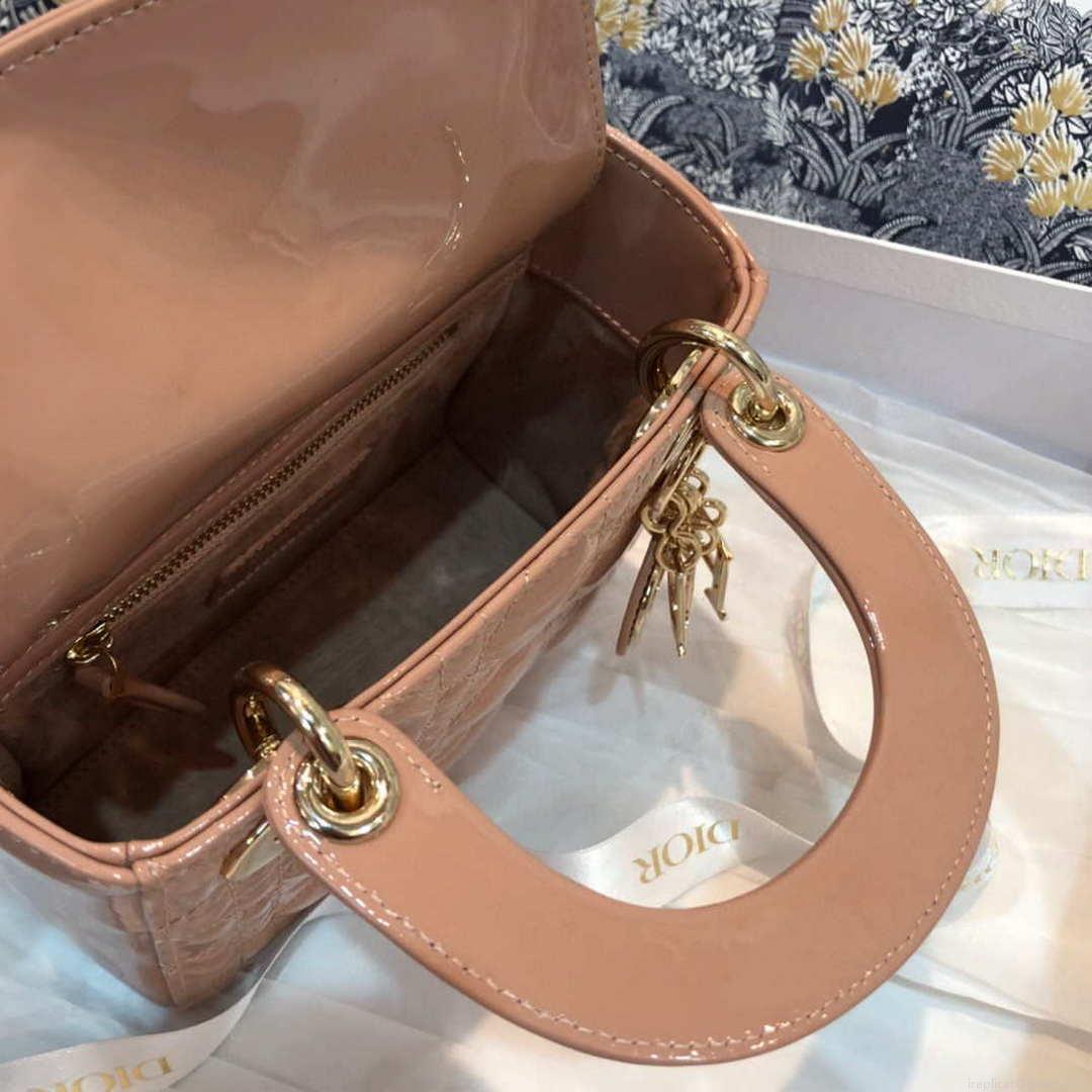 Dior M0505 Mini Lady Dior Bag Rose Des Vents Patent Cannage Calfskin