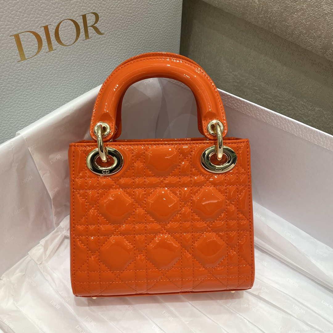 Dior M0505 Mini Lady Dior Bag Orange Red Patent Cannage Calfskin