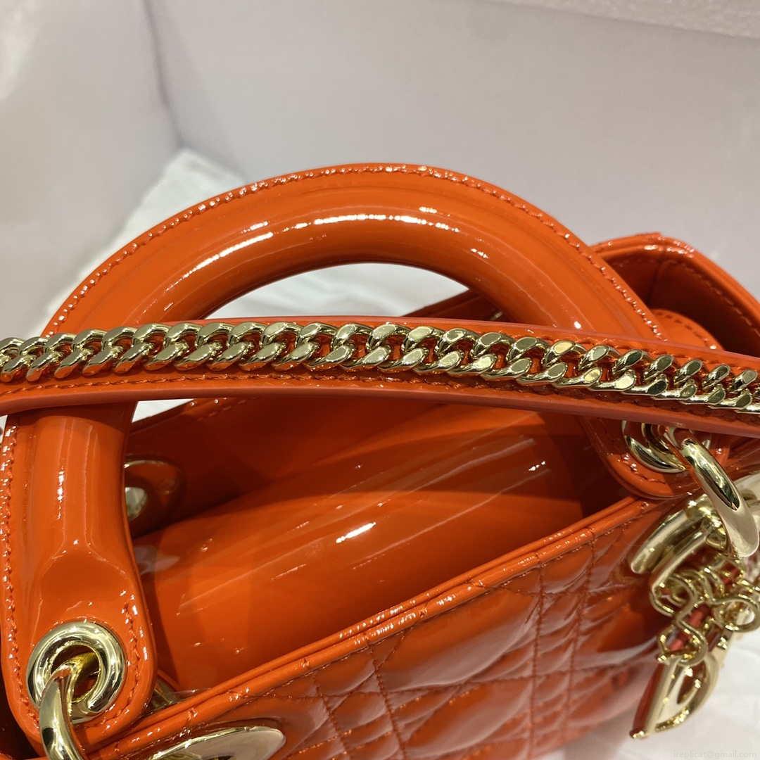 Dior M0505 Mini Lady Dior Bag Orange Red Patent Cannage Calfskin