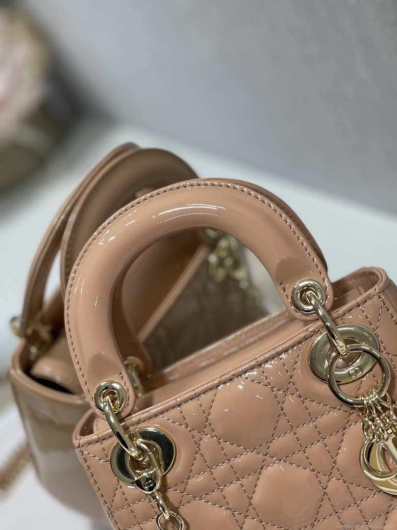 Dior M0505 Mini Lady Dior Bag Apricot Patent Cannage Calfskin