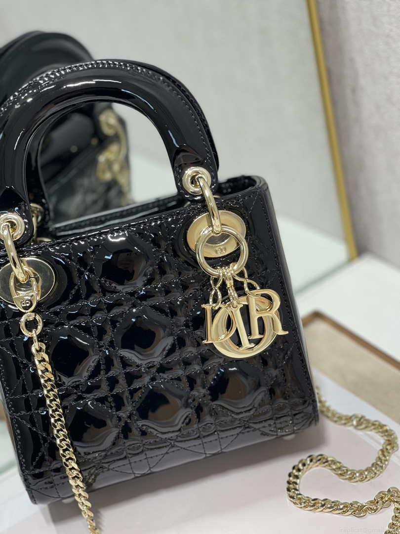 Dior M0505 Mini Lady Dior Bag Black Patent Cannage Calfskin