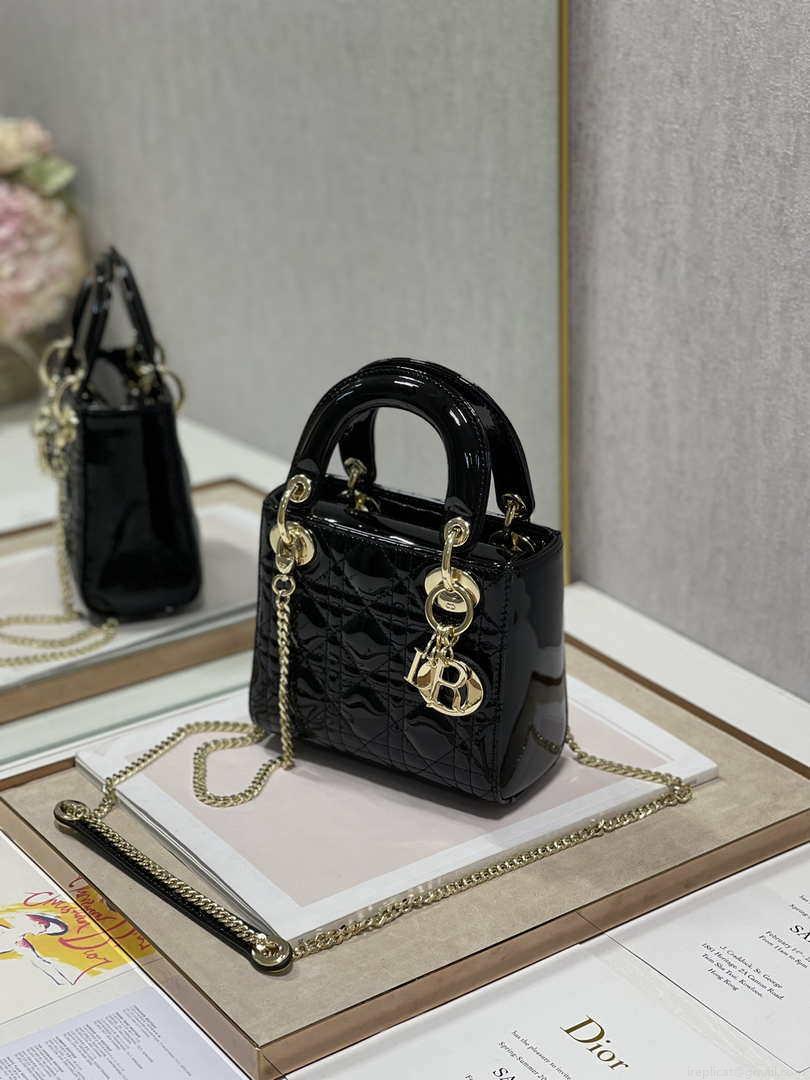 Dior M0505 Mini Lady Dior Bag Black Patent Cannage Calfskin