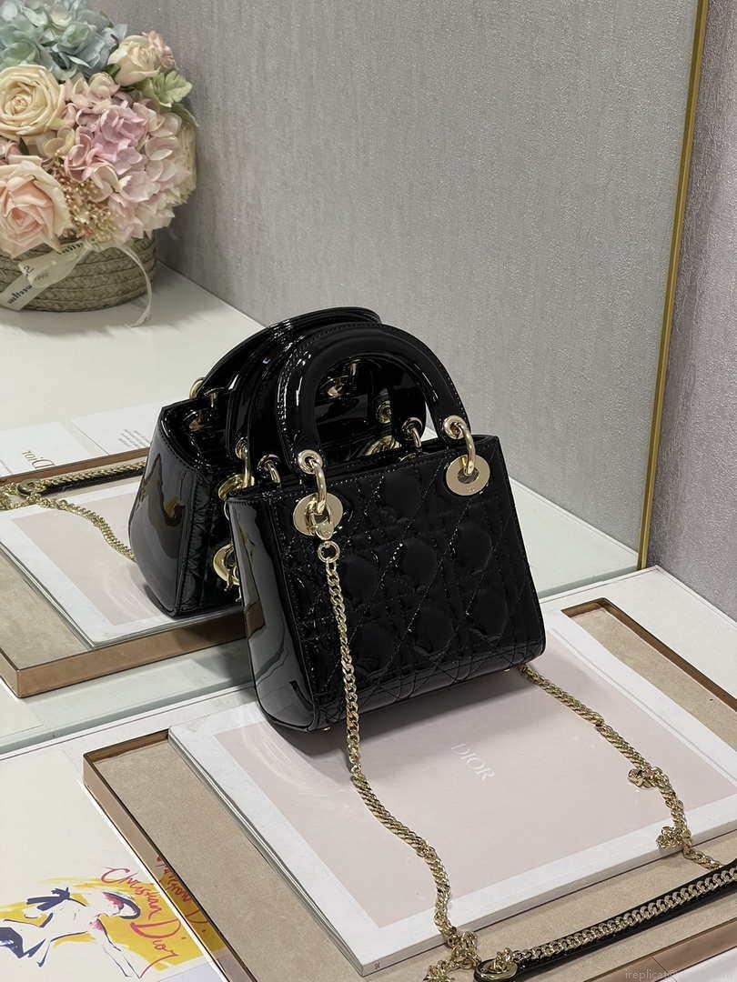 Dior M0505 Mini Lady Dior Bag Black Patent Cannage Calfskin